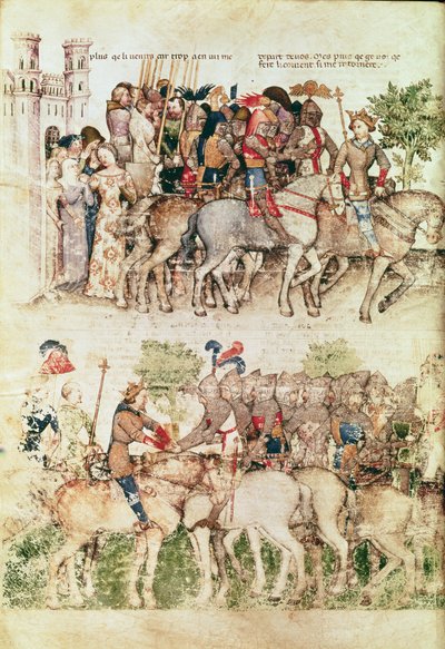 Fr 343 fol.8v Arthur og hans riddere legger ut på søken etter den hellige gral, fra Queste del Saint Graal, ca. 1380-85 av Italian School