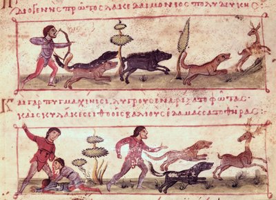 Ms Grec 479 Deer Hunting, illustrasjon fra Cynegetica av Oppian (tempera på vellum) av Italian School