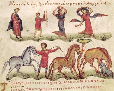 Ms Grec 479 Horse Trainers, illustrasjon fra Halieutica eller Cynegetica av Oppian av Italian School