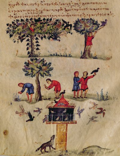 Ms Grec 479 Hunting for Birds, illustrasjon sannsynligvis fra Ixeutika av Oppian (tempera på vellum) av Italian School