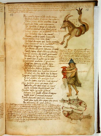 Ms Ital 483 P.4.7 f.158r Steinbukken, Vannmannen og Fiskene, fra 