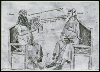 Ms Lat 6823 fol.2 Averroes (1126-98) i samtale med porfyr (c.232-c.305) (penn og blekk og vask på papir) av Italian School