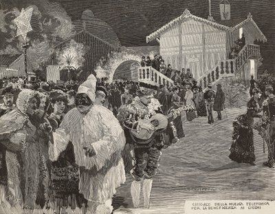 Musikkiosk for å samle inn penger til blinde, Pulcinella-maske, karneval i Napoli, Italia, gravering fra tegning av Matania, gravering av Gamberoni fra L'Illustration Italiana, nr. 8, 24. februar av Italian School