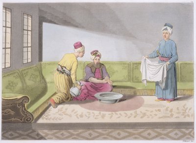 Muslim Performing his Ablutions, plate 34 fra del III, bind I av The History of the Nations, gravert av V. Raineri (akvatint) av Italian School