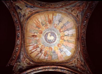 Mystisk lam omgitt av helgener og engler - Fresco av Italian School