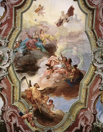 Mytologisk scene med Jupiter, Juno, musene og Faderens tid av Italian School