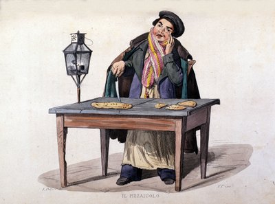 Napoli, pizzaselger. Gravering etter et maleri av F. Palizza. Fra et verk av Francesco de Bourcard "" Costumes of the Kingdom of Napoli "" av Italian School