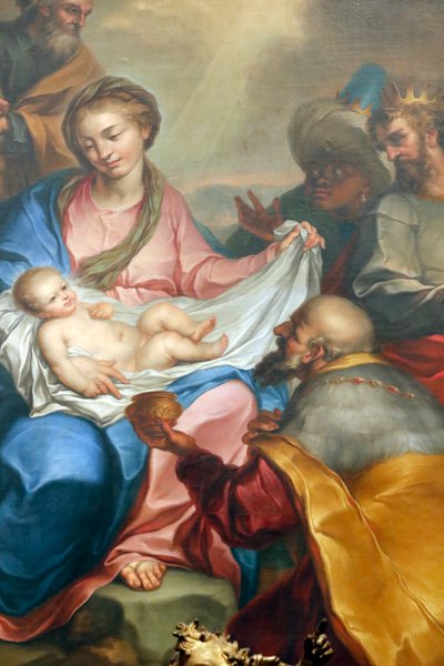 Julekrybbe. Tilbedelse av magiene. Fersk. Santa Maria delle Vigne-basilikaen. Genova. Italia. av Italian School