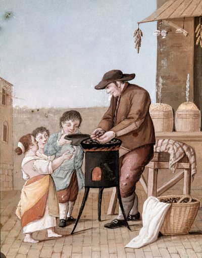 Napolitanske små metiers: selgeren av kastanjer - (gammel handel: kastanjeselger) Akvarell fra 1800-tallet - Napoli Museo Nazionale di San Martino av Italian School