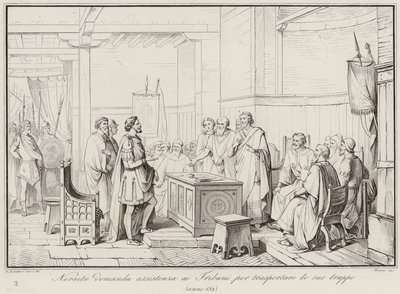 Nersete ber Tribunes om hjelp til å transportere troppene sine, 552 (gravering) av Italian School