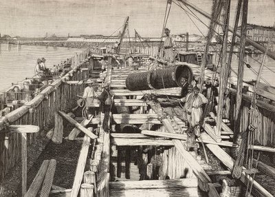 Ny akvedukt i Venezia, legger kanalen i lagunen, Italia, gravering fra tegning av Riera, fra L'Illustration Italiana, nr. 32, 10. august av Italian School