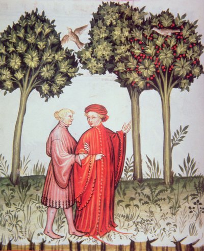 Nova 2644 fol.102v To venner ute på tur sammen, fra Tacuinum Sanitatis Codex Vindobonensis (vellum) av Italian School