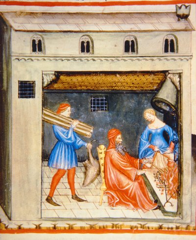 Nova 2644 fol.55r Vinter: Foran bålet, fra Tacuinum Sanitatis av Italian School