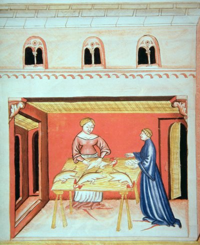 Nova 2644 fol.79v Slakterne: Fjerning av testikler, fra Tacuinum Sanitatis av Italian School