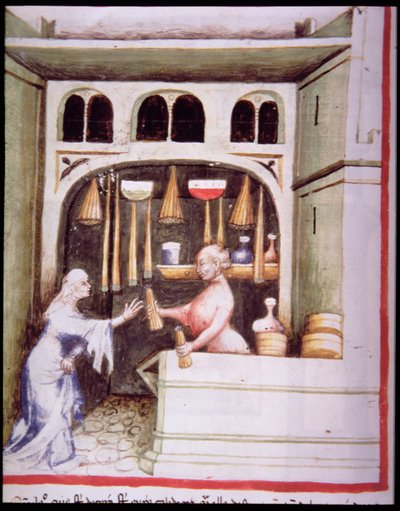 Nova 2644 fol.95v The Candle Shop, fra Tacuinum Sanitatis av Italian School