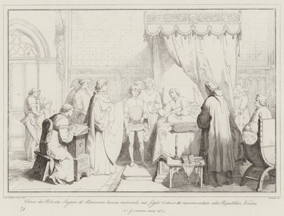 Obizzo da Polenta Signor di Ravenna forlater døende, sønnen Ostasius III anbefalte å ... (gravering) av Italian School