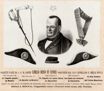 Gjenstander brukt av Camillo Benso conte di Cavour (1810-1861) - hatter og insignier for hans politiske og diplomatiske funksjoner, med den store snoren til Saint Maurice og Saint Lazarus orden (Ordine dei Santi Maurizio e Lazzaro) - Gravering 1800-tallet av Italian School