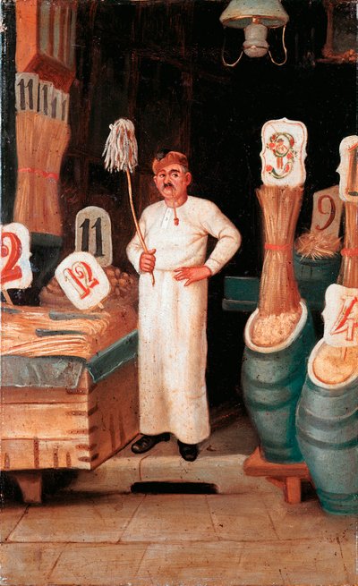 Gammel metier: butikken til pastaselgeren. Anonym detrempe. 1800-tallet 1800-tallets nasjonalmuseum for pasta, Agnesi-stiftelsen, Roma av Italian School