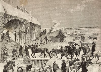 En av festningene under bygging på grensen til Russland, gravering fra skisse av Fritzmann, fra L'Illustration Italiana, nr. 5, 3. februar av Italian School