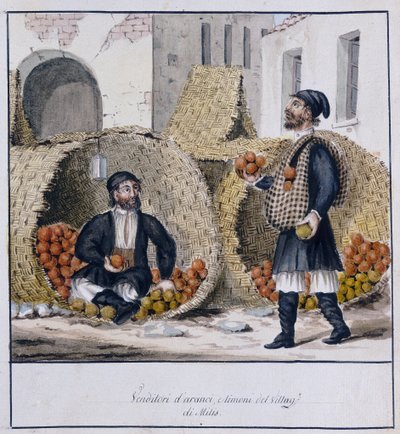 Appelsin- og sitronselgere fra Milis på Sardinia, trykt ms.258, Luzzetti Collection av Italian School