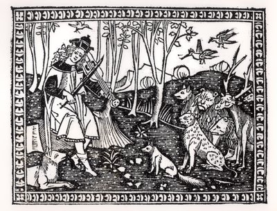 Orpheus Playing to the Animals, 1500 (tresnitt) (bw-bilde) av Italian School