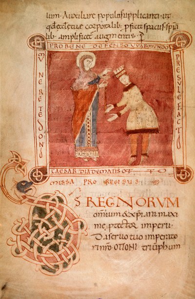 Otto I kronet av Jomfru Maria, fra sakramentariet til biskop Warmondo (vellum) av Italian School