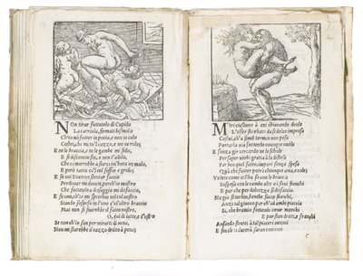 Side fra "Sonetti Lussuriosi" av Pietro Aretino, illustrert av Giulio Romano og gravert av Marcantonio Raimondi, utgitt Venezia, ca. 1527 av Italian School