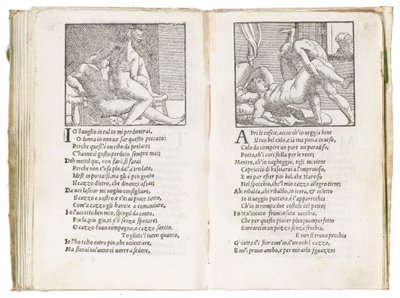 Side fra "Sonetti Lussuriosi" av Pietro Aretino, illustrert av Giulio Romano og gravert av Marcantonio Raimondi, utgitt Venezia, ca. 1527 av Italian School