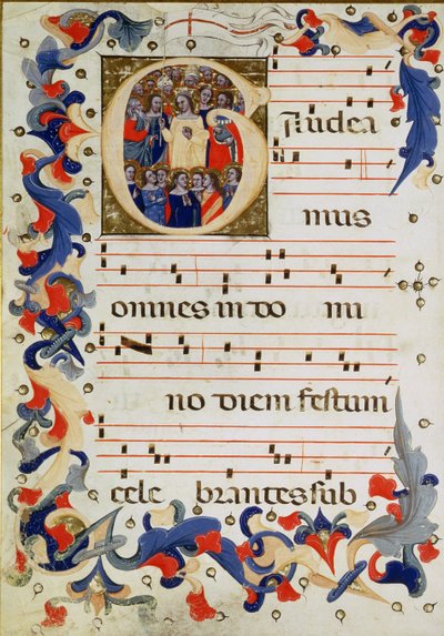 Side med musikalsk notasjon med en historisk initial G som viser en gruppe helgener med St. Ursula i midten, Bolognese School av Italian School