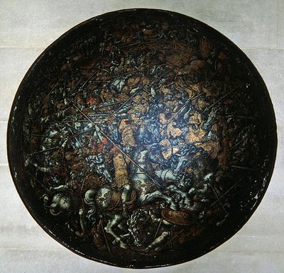 Pageant Shield med scener fra romersk historie (malt tre) av Italian School
