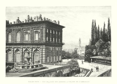 Pitti-palasset, utsikt fra siden av hagen, fasaden til Ammanati (gravering) av Italian School
