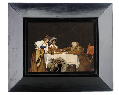 Panel som viser en kavaler og en munk ved et middagsbord med en dame til stede, Menegatti, Firenze, sent på 1800-tallet (pietra dura) av Italian School
