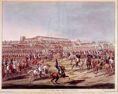 Parade av det italienske kavaleriet i kongeriket Italia. Trykk fra begynnelsen av 1800-tallet av Italian School