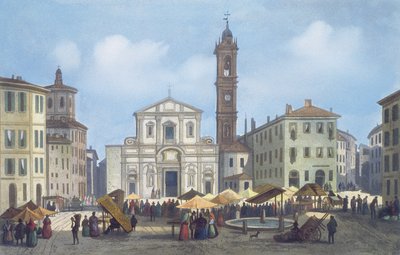 Piazza Santo Stefano fra utsikt over Milano og omegn av Italian School