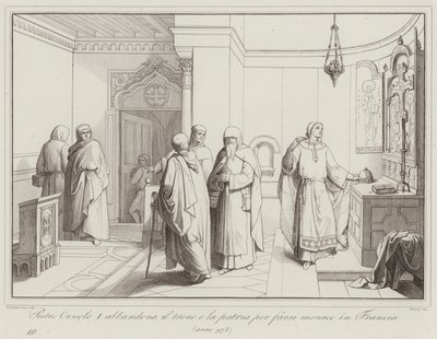 Pietro Orseolo I forlater tronen og hjemlandet for å bli munk i Frankrike, 978 (gravering) av Italian School