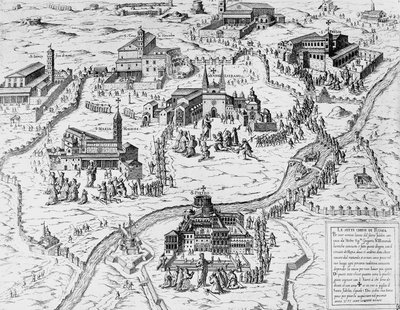 Pilegrimer besøker syv kirker i Roma i løpet av det hellige år 1575, gravering, Italia av Italian School
