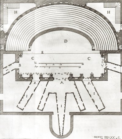 Plan for det olympiske teateret, Vicenza, designet av Andrea Palladio (1508-80) bygget i 1580-85 av Italian School