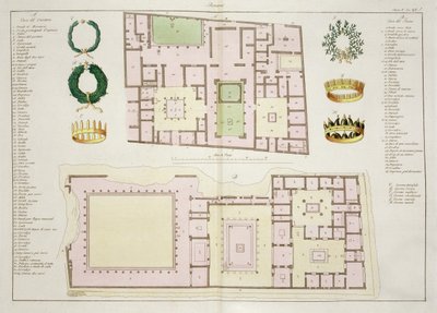 Planer for House of the Questor og House of the Faun, Pompeii, plate 25A, klasse 5 fra del I av The History of the Nations (akvatint) av Italian School