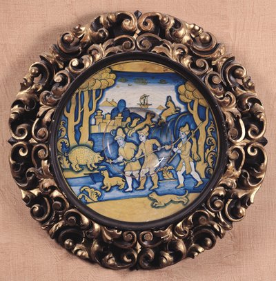 Tallerken dekorert med en jaktscene, Deruta Workshop, ca. 1540-45 (maiolica) av Italian School