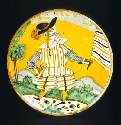 Plate som viser en mannsfigur, Monte Lupo Workshop (glasert og malt leire) av Italian School