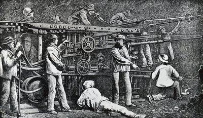 Pneumatisk steinboremaskin laget av Giovanni Battista Piatti og perfeksjonert av Germano Sommeiller (1815-1871), gravering av Italia av Italian School