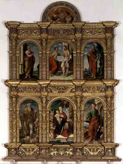 Polyptyk som viser Madonnaen og barnet med helgener (olje på panel) av Italian School