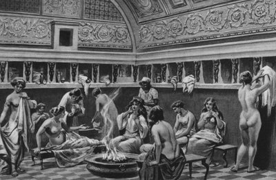 Pompeii: Interiør i forumets bad (litho) av Italian School