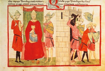 Pave Boniface VIII i Anagni og utvisningen av Sciarra Colonna (Giacomo Colonna) fra byen, miniatyr fra Giovanni Villanis krønike, manuskript Chigi L VIII 296 folio 176 recto, Italia 1300-tallet. av Italian School