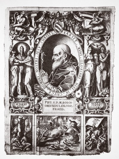 Pave Pius V, med vignetter fra slaget ved Lepanto, fra Vita del Gloriosissimo Papa Pio Quinto, pub. 1586 av Italian School