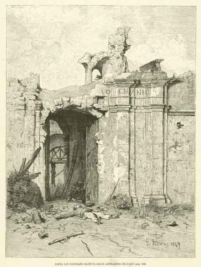 Porta San Pancrazio slått av fransk artilleri (gravering) av Italian School