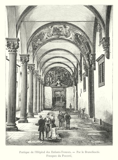 Portico of the Foundling Hospital, av Brunelleschi, fresker av Poccetti (gravering) av Italian School