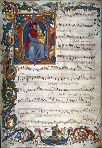 Portrett av Francesco Landino og et partitur, illustrasjon fra "The Squarcialupi Codex", ca. 1325-35 av Italian School