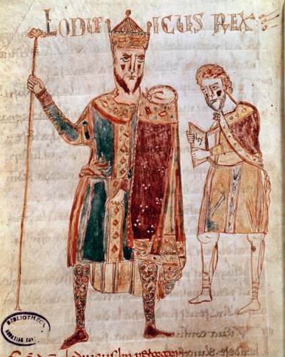Portrett av Ludvig I den fromme (778-840), konge av Frankrike Manuskriptside (ms. 4) "Codex Legum Longobardorum" (eller Langobardorum) som beskriver lovene i det langobardiske riket etablert av kong Rothari av Italian School