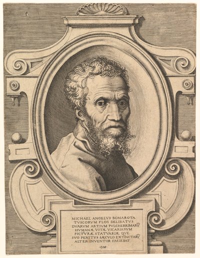 Portrett av Michelangelo, pub. C1564. av Italian School
